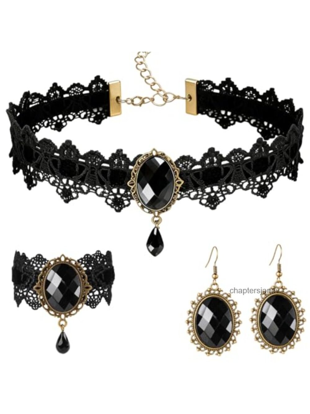 Lace Choker Necklace Bracelet Earrings Set Gothic Victorian Adjustable